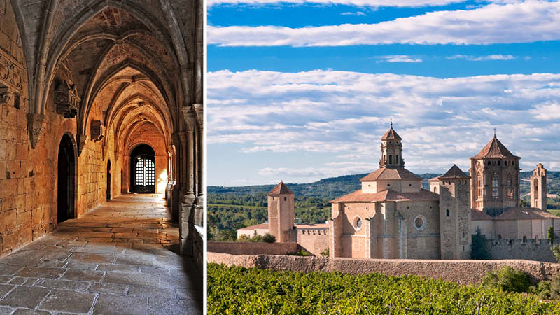 Poblet kloster med klostersalar och försvarsmuren i Katalonien, Spanien.